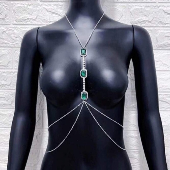 Emerald Silver Zircon Body Chain, Elegant, Classy, Minimalist, Punk - Picture 2 of 5